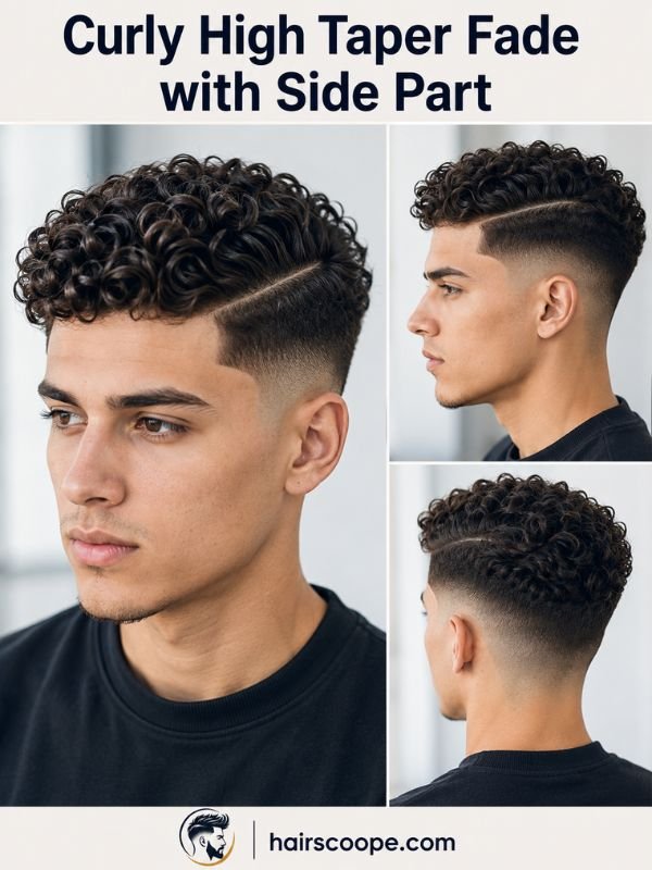Curly High Taper Fade with Side Part