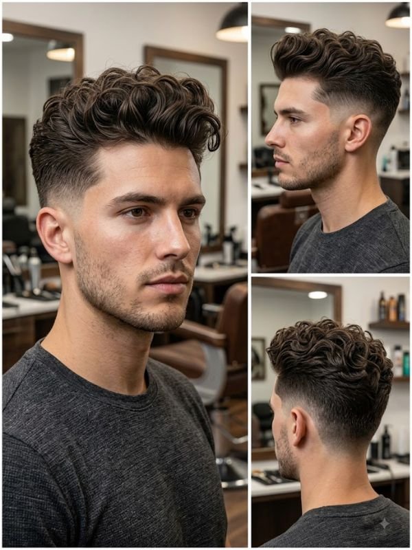 Curly Pompadour with High Taper Fade