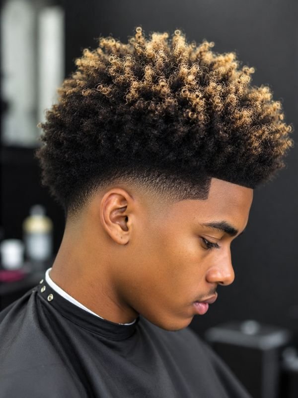 Low Taper Fade Afro with Blonde Tips