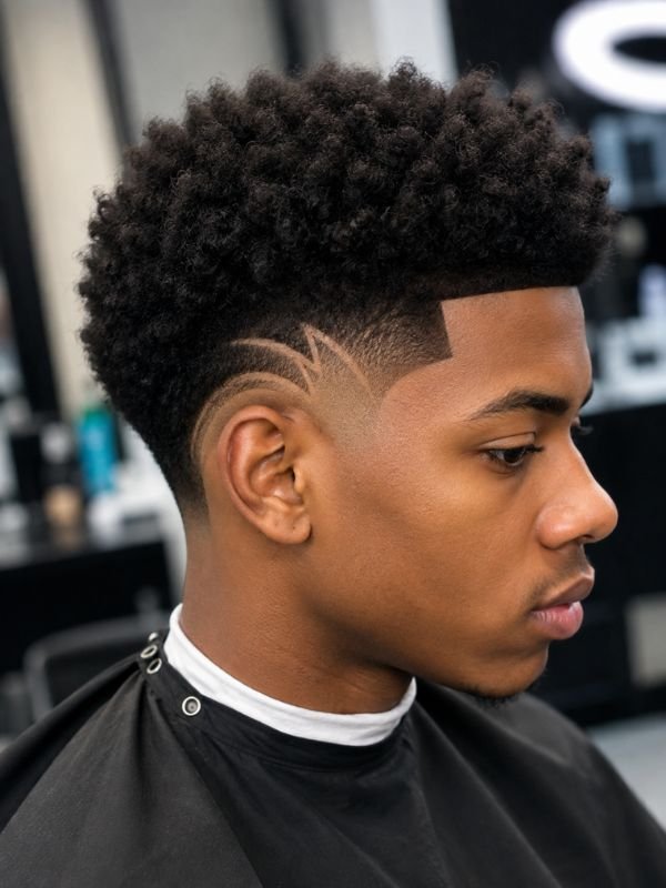 Low Taper Fade Afro with Temple Design
