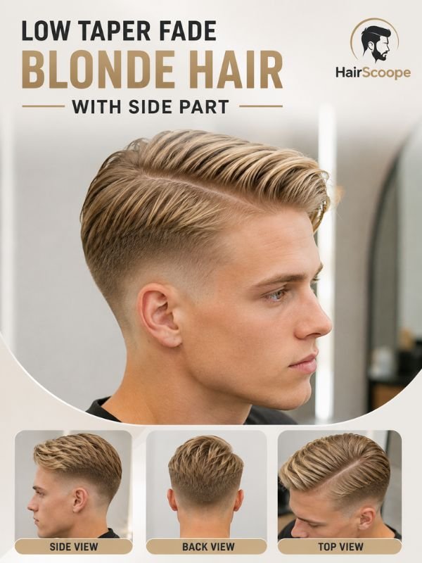 Low Taper Fade Blonde Hair with Side Part