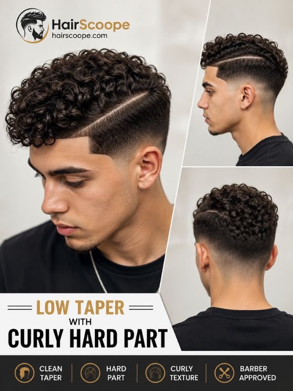 Low Taper With Curly Hard Part