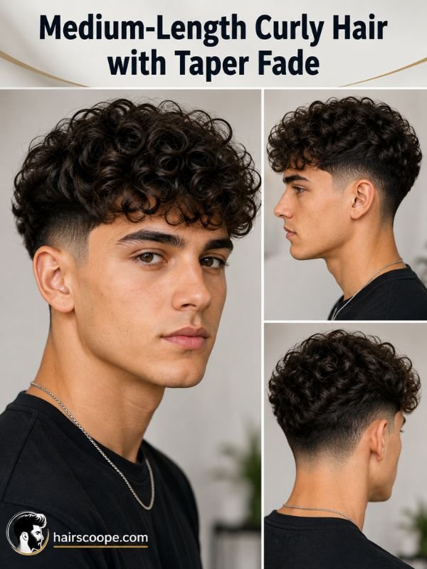 Medium-Length Curly Hair with Taper Fade