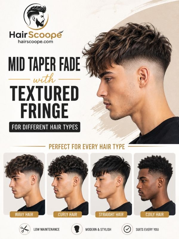 Mid Taper Fade with Textured Fringe for Different Hair Types