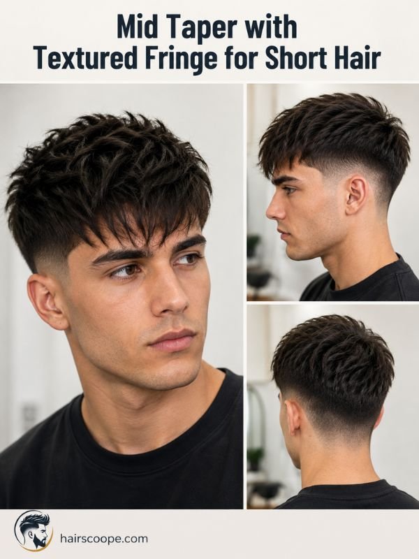 Mid Taper with Textured Fringe for Short Hair
