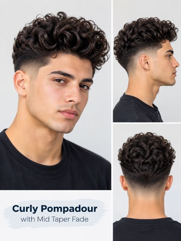 Curly Pompadour with Mid Taper Fade