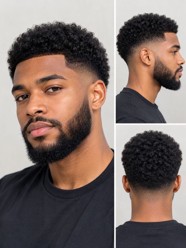 Short Afro with Beard and Mid Taper Fade