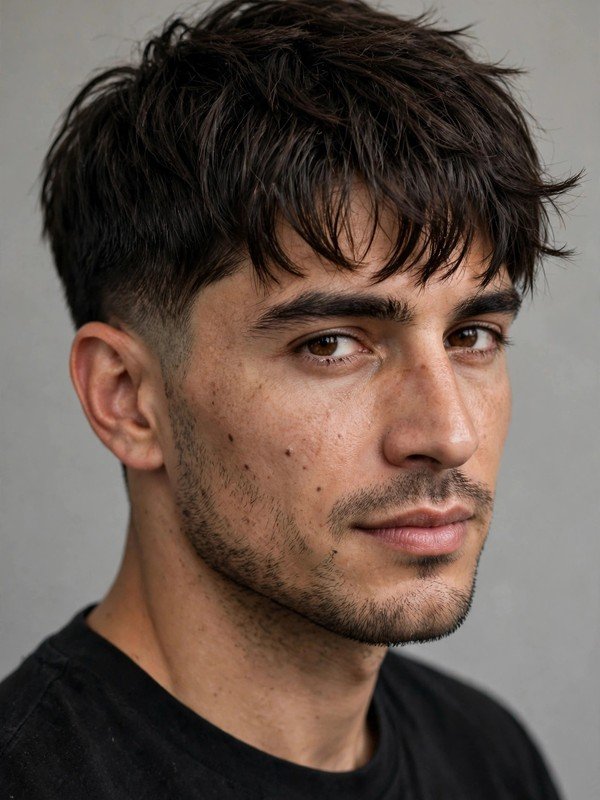 Man with choppy textured fringe haircut and low taper sides, three-quarter view