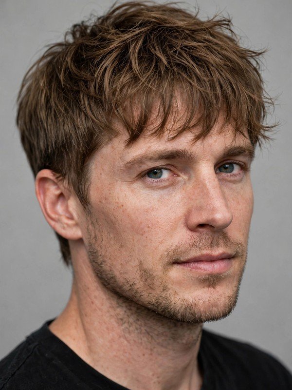 Man with tousled messy fringe haircut and relaxed low taper, three-quarter view