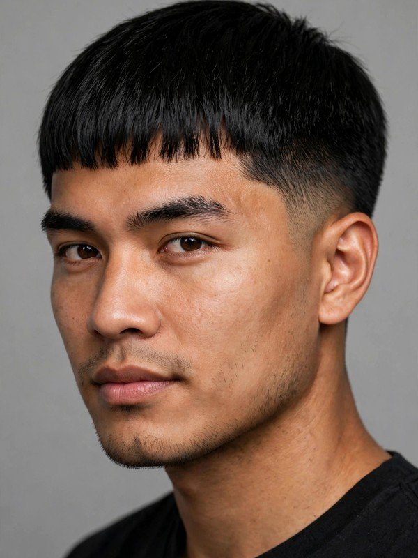 Man with short cropped fringe just above eyebrows and neat low taper, three-quarter view