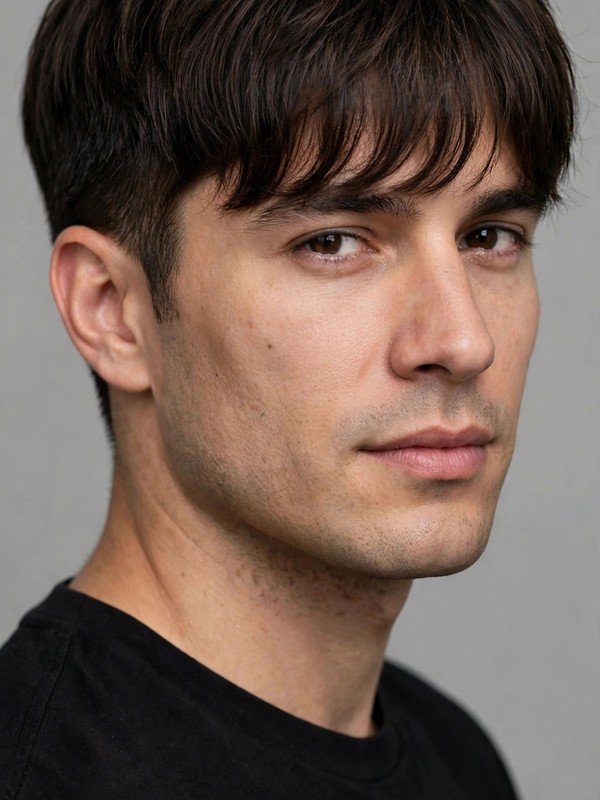 Man with long fringe reaching the eyebrows and low taper sides, three-quarter view