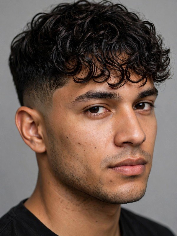 Man with curly textured fringe and low taper fade, three-quarter view