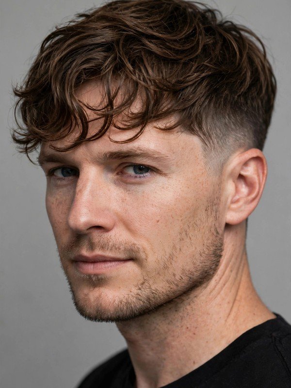 Man with wavy fringe and natural movement with low taper, three-quarter view