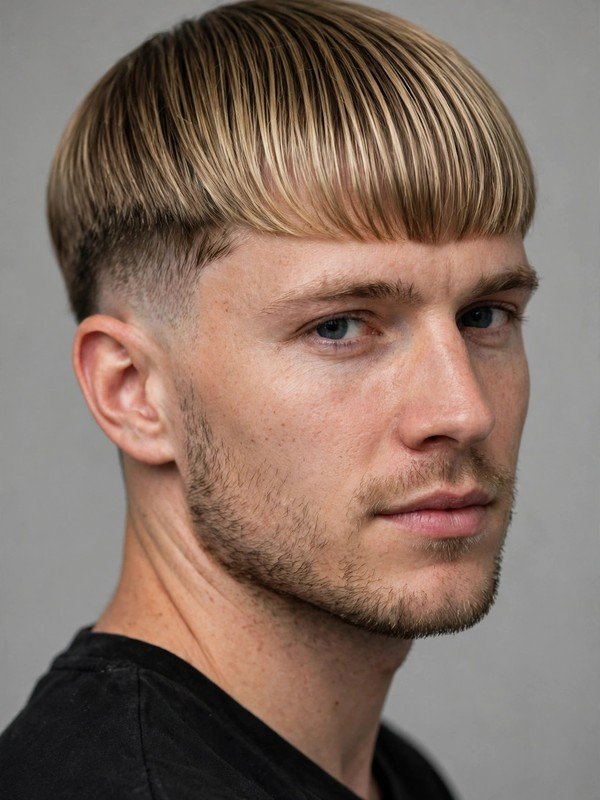 Man with sleek straight fringe and clean low taper, three-quarter view