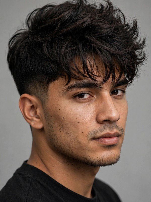 Man with voluminous blowout top and textured fringe with tapered sides, three-quarter view