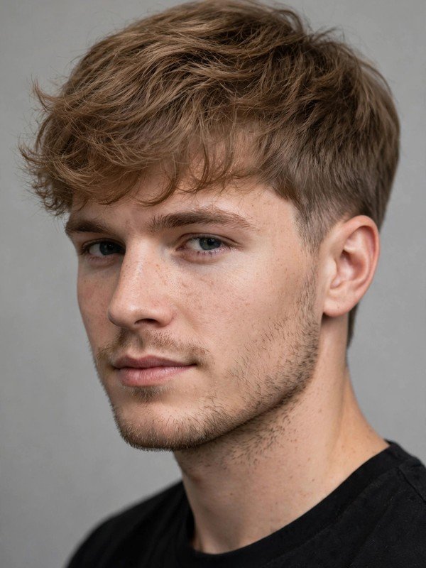 Man with fluffy airy fringe and soft low taper, three-quarter view