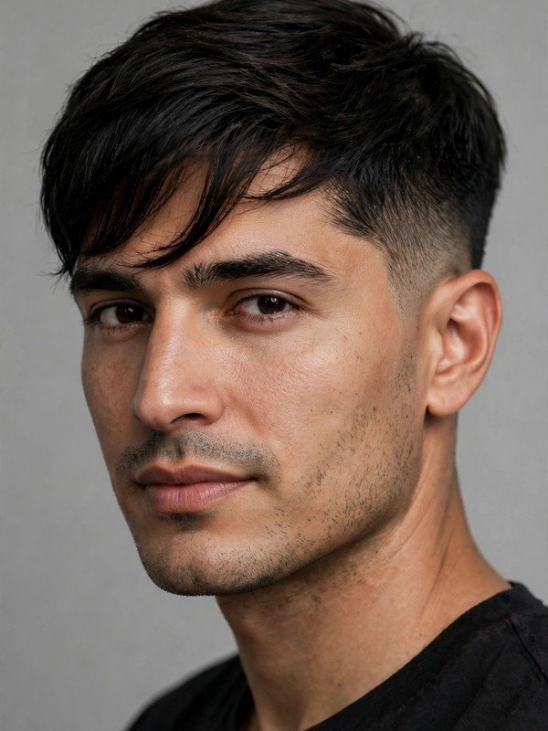 Man with side-swept fringe and low taper, three-quarter view
