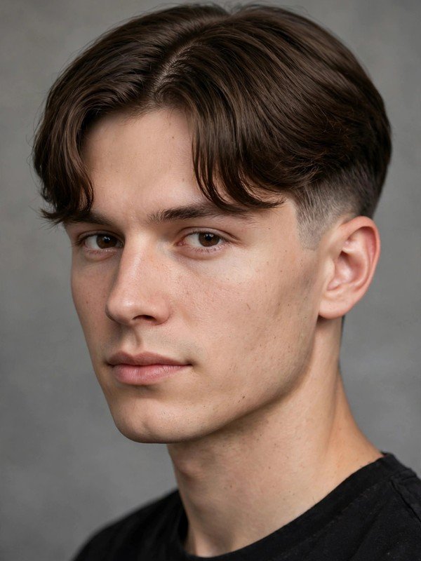 Man with middle-parted curtain fringe and low taper sides, three-quarter view