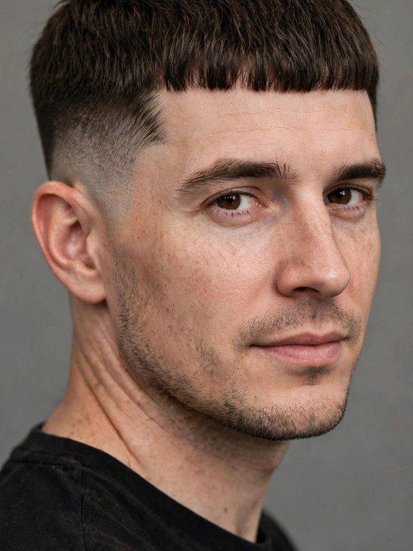 Man with classic french crop and blunt fringe with low taper, three-quarter view