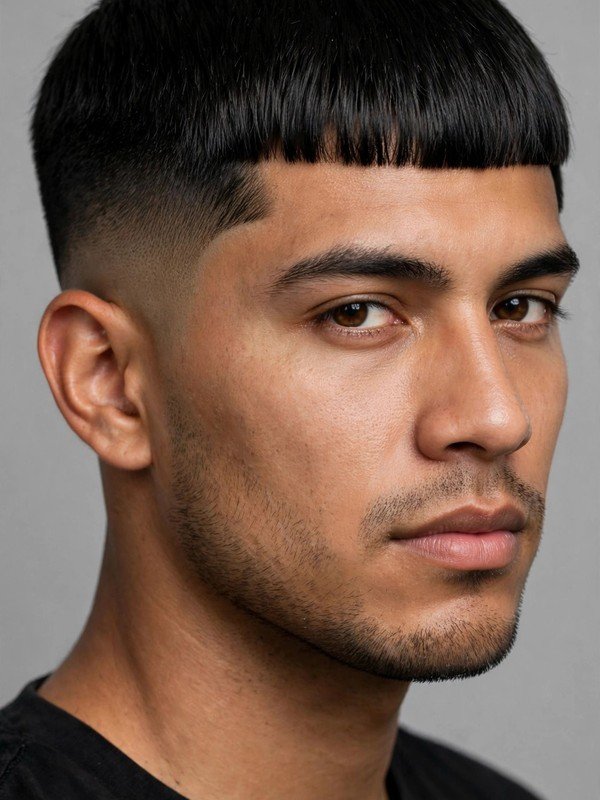 Man with straight-across edgar fringe and sharp low taper, three-quarter view