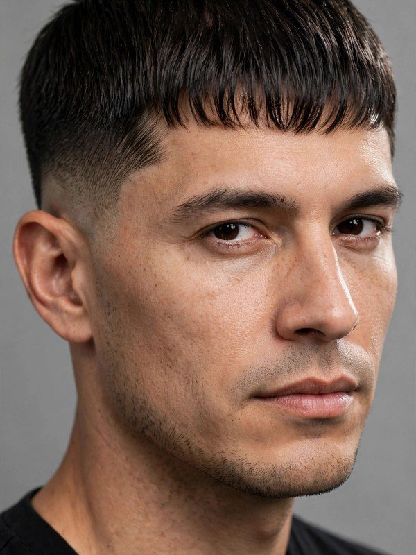 Man with short caesar-style fringe and low taper, three-quarter view