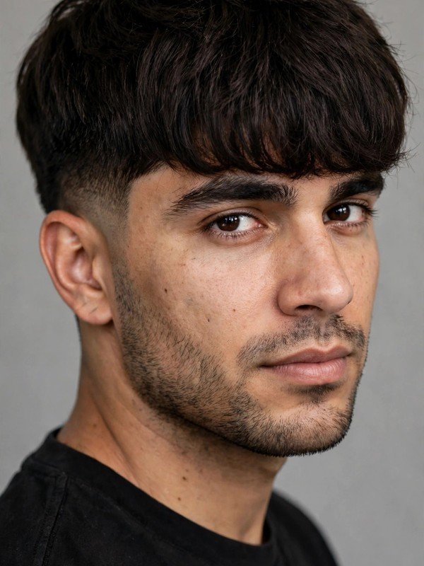 Man with thick full fringe and low taper sides, three-quarter view