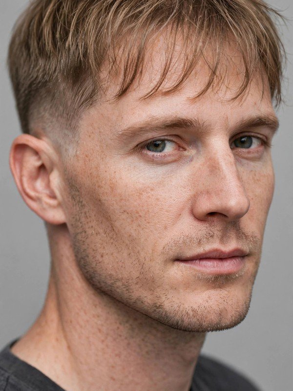 Man with wispy fringe for fine thin hair and low taper, three-quarter view