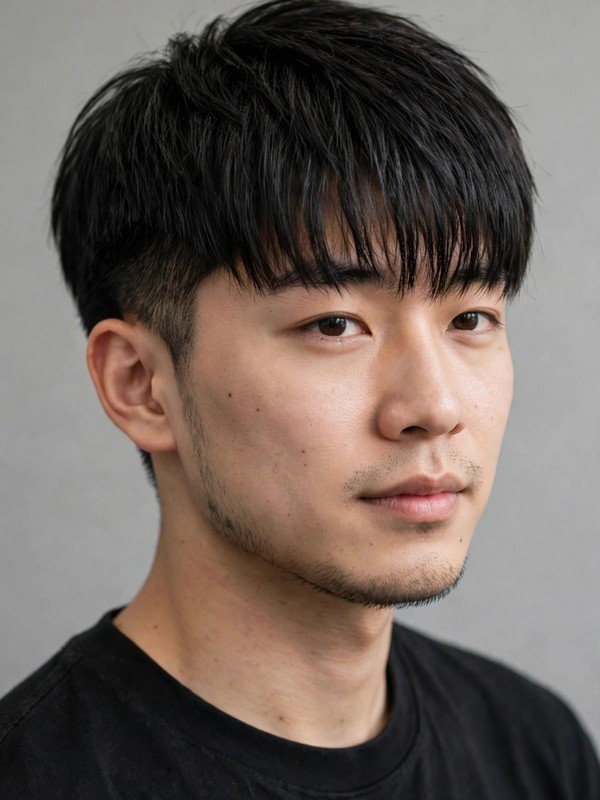 East Asian man with straight textured fringe and low taper, three-quarter view