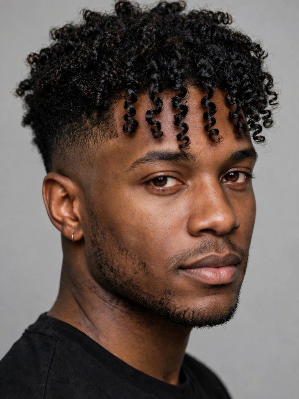 Black man with coily afro-textured fringe and low taper, three-quarter view