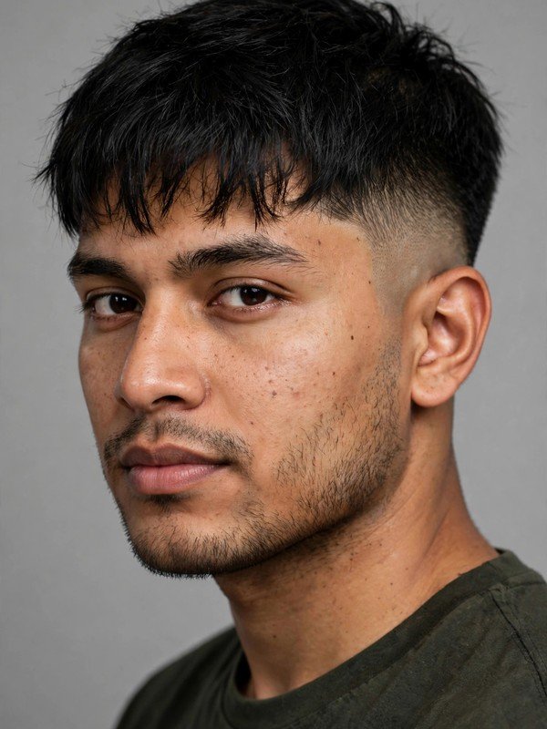 Man with textured fringe and skin-tapered sides faded to skin, three-quarter view