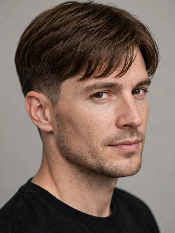 Man with subtle natural understated fringe and soft low taper, three-quarter view